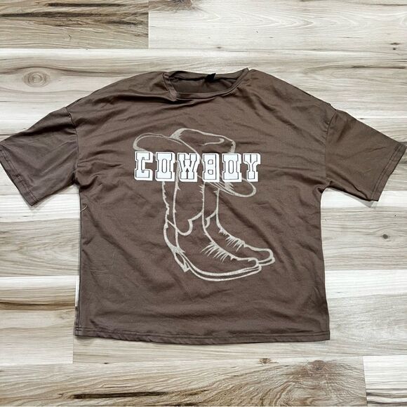 Shein Brown Cowboy Short Sleeve Shirt Women’s Small - Picture 1 of 3